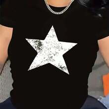 Women's Short-Sleeved T-Shirt With Black And White Star Print - Durable, Lightweight And Comfortable Polyester, Round Neck, Ideal For Everyday Casual Wear And Dining, Stylish Design For All Seasons, Versatile Clothing, Medium Stretch Fabric. - 黑色 - 查看 1