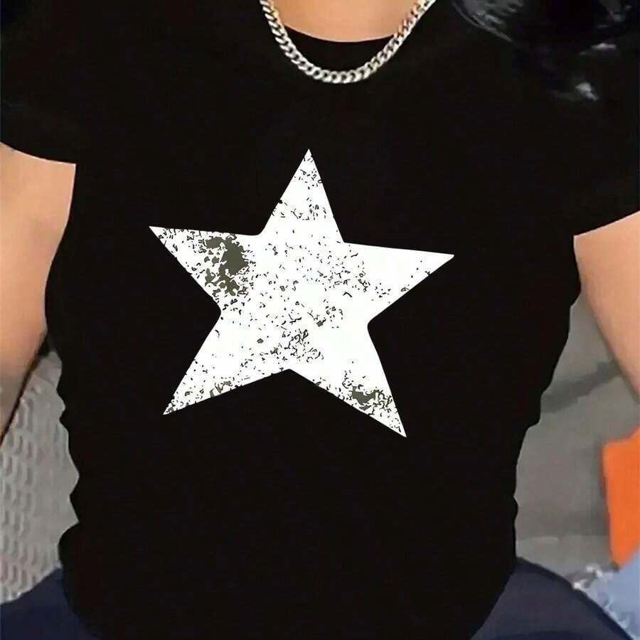 Women's Short-Sleeved T-Shirt With Black And White Star Print - Durable, Lightweight And Comfortable Polyester, Round Neck, Ideal For Everyday Casual Wear And Dining, Stylish Design For All Seasons, Versatile Clothing, Medium Stretch Fabric. - 黑色 - 查看 1