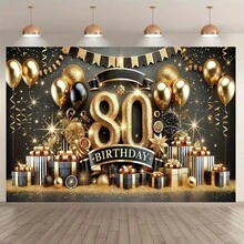 1件優雅80歲生日派對背景布，黑金配色，星星與香檳圖案。適合生日拍照背景、戶外慶祝、派對用品、居家與庭院裝飾。 - 80歲 - 查看 3
