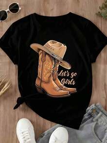 Women's Clothing Cowboy Boots And Cowboy Hat Print T-Shirt With The Phrase "Let's Go Girls" For Country Music Festivals And Western Parties - 黑色 - 查看 2