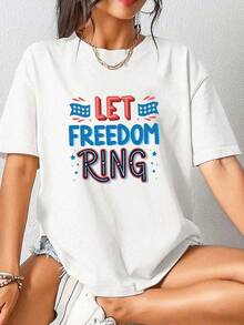 Premium Quality Women's Short-Sleeved Cotton T-Shirt With A Printed Design, Casual Fit, And A Slim Fit. The Shirt Features A Beautiful Print Of The American Flag And The Liberty Bell Star. It's Soft, Comfortable, And Suitable For Everyday Wear. A Versatile Top That Goes With Everything. . - 白色 - 查看 7