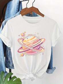 Women's White T-Shirt - Soft And Breathable Fabric, Slim Fit, Space Planet Print For Casual And Formal Wear - Machine Washable, Everyday Essential - Women's Blouses > Clothing - 白色 - 查看 7