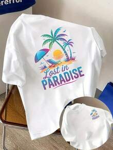 New Men's T-Shirt Made Of 180g Heavyweight Cotton, Featuring A Tropical Beach And Vacation Style, With A Front And Back Print. Fashionable And Short-Sleeved, Suitable For Casual Daily Wear And Outdoor Fitness Activities. Unique Double-Sided Pattern Design - Perfect For Spring And Autumn As An Inner Layer And For Summer As A Standalone Garment. Unisex. - 白色 - 查看 1