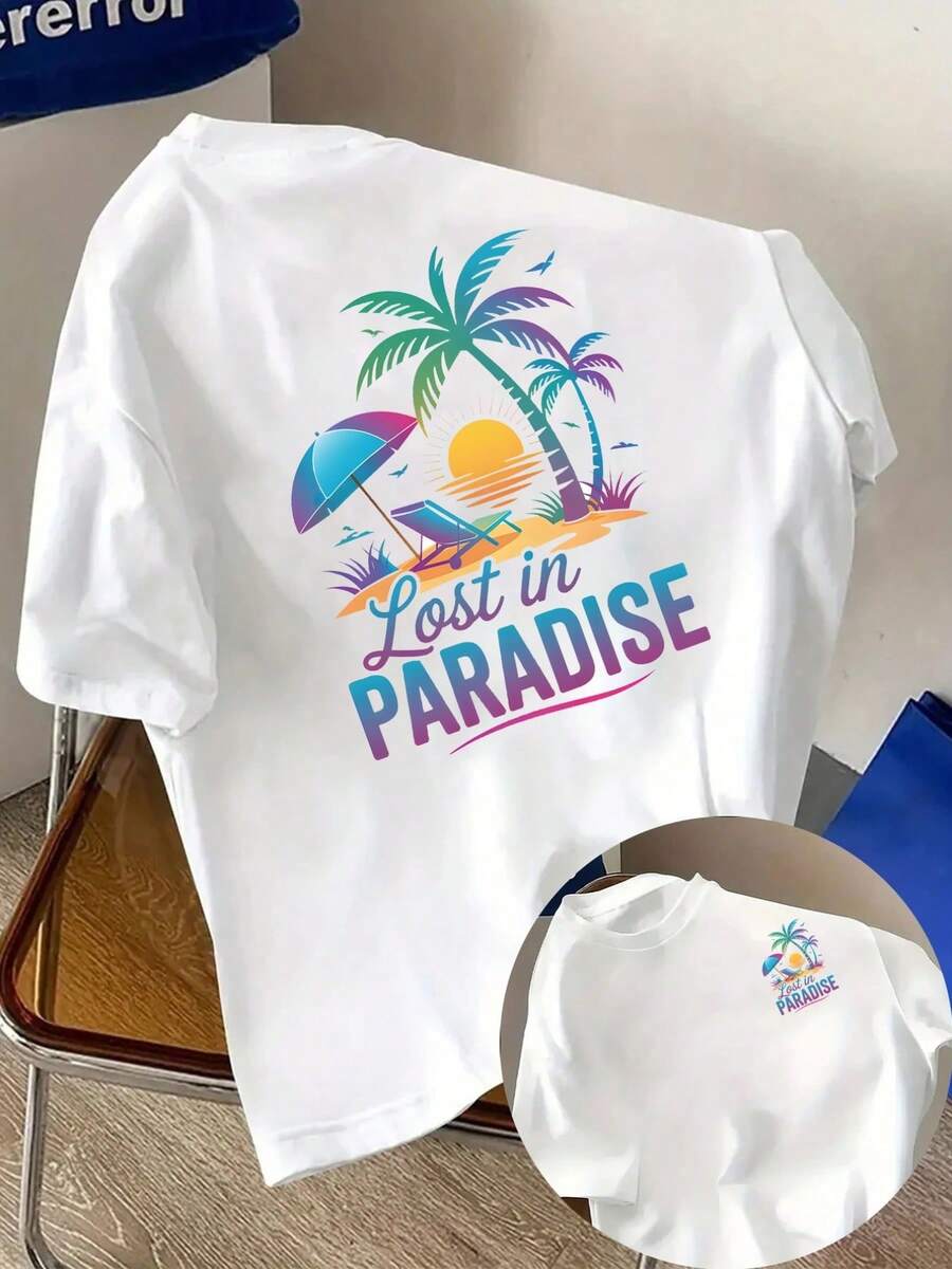 New Men's T-Shirt Made Of 180g Heavyweight Cotton, Featuring A Tropical Beach And Vacation Style, With A Front And Back Print. Fashionable And Short-Sleeved, Suitable For Casual Daily Wear And Outdoor Fitness Activities. Unique Double-Sided Pattern Design - Perfect For Spring And Autumn As An Inner Layer And For Summer As A Standalone Garment. Unisex. - 白色 - 查看 1