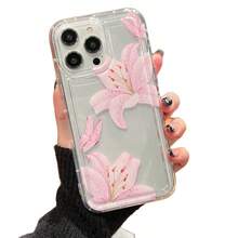 Compatible With IPhone 17/17 Pro/17 Pro Max/16/15/14/13/12/11 Series, 1pc Inflatable Pink Lily & Butterfly Full Coverage Anti-Drop Phone Case, Fashionable 17 Pro Max Phone Protective Cover - Clear - View 2