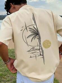1 Piece Men's Graphic Print T-Shirt, Summer Beachwear, Loose Fit Short Sleeve T-Shirt. This Men's T-Shirt Has A Casual, Vacation-Style Design, Perfect For Beach Getaways As Well As Everyday Wear. - 米色 - 查看 9