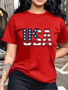 Women's Simple And Versatile Summer Outfit - Patriotic Fashion Y2K - Red T-Shirt: Stars And Stripes Fashion: American Red T-Shirt For Women - Patriotic Pride, Freedom, Stars, American Style - Suitable For Daily Wear, Vacation, Parties - Cotton T-Shirt - 紅色 - 查看 6