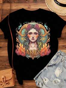 Women's Aries Zodiac Sign T-Shirt, Astrology Graphic Design With Flaming Hair And Rose Crown, For Spring And Summer, Fashion Gift For Birthdays Or Festivals, 220g - Urban Vintage Style, Unisex Short Sleeve Crew Neck T-Shirt, 100% Pure Cotton - 黑色 - 查看 4