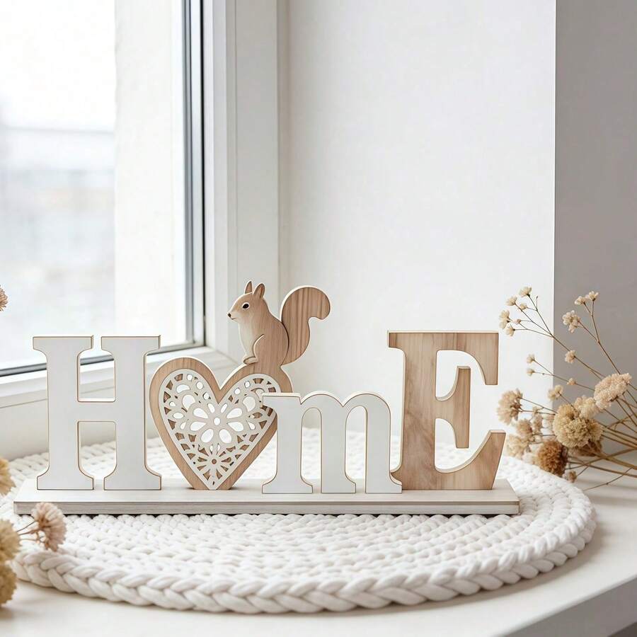 1pc Wooden "HOME" Letter Decor, Creative Heart-Shaped Squirrel Home Decoration Craft, Durable Wood Material, Handmade Appearance, Suitable For Office, Living Room, Bedroom Decoration, Ideal Holiday Party Gift For Friends And Family - A - View 1
