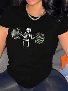 Women's Cotton T-Shirts, Crew Neck, Casual Style, With Halloween Skull Design, Plus Size, Comfortable And Loose Fit, Ideal For Work, Outdoor Activities, And Lounging At Home. Plus Size T-Shirts For Women, For Spring And Summer, Simple And Perfect For Everyday Wear. - 黑色 - 查看 1