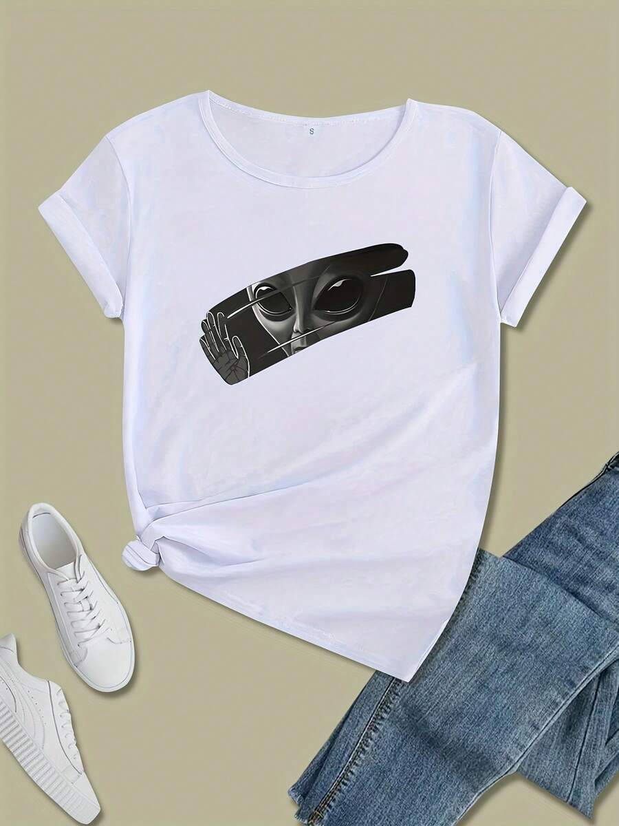 Women's Cotton Crew Neck T-Shirt, Casual, Plus Size, Loose Fit - Featuring A Big-Eyed Alien Print, This Short-Sleeved Crew Neck Top Is Soft, Stretchy, And Suitable For Work, Travel, And Home. Comfortable For All Seasons, Machine Washable, And Made Of Non-See-Through Material, It's Fashionable And Versatile. A Simple T-Shirt For Everyday Wear. - 白色 - 查看 1