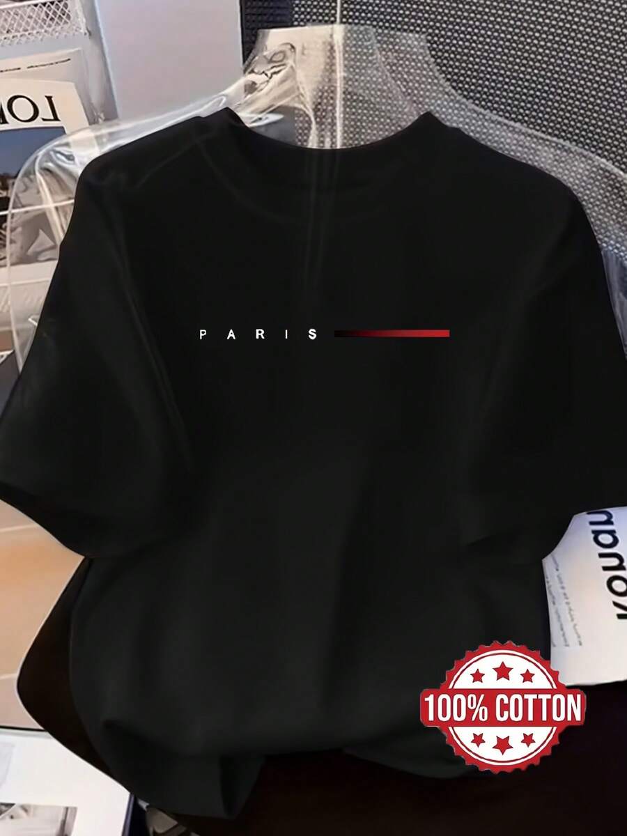 TH73 Women's Fashion T-Shirt With Paris Letter Print, 100% Round Neck, Short Sleeve, Loose Fit With Drop Shoulders, Sweat Absorbing And Breathable, Comfortable Casual Home Wear, Suitable For Layering In Autumn And Winter, And As Outerwear In Spring And Summer. - 黑色 - 查看 1