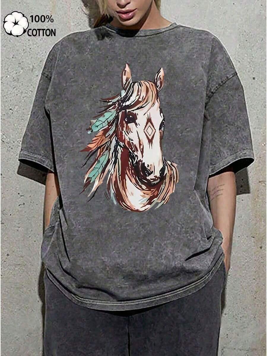 New Women's Basic T-Shirt For Everyday Wear, American Style, 100% Pure Cotton, Fun Retro Western Style T-Shirt, Horse Riding T-Shirt, Cartoon Letter Print T-Shirt, Vintage Clothing For Women, Mother's Day Outfit, Women's Clubwear 2026 - 灰色 - 查看 1
