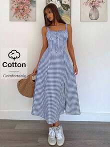 Vestido a media pantorrilla con tirantes a cuadros para mujeres, de moda y apropiado para el verano - Azul y blanco - Ver 5