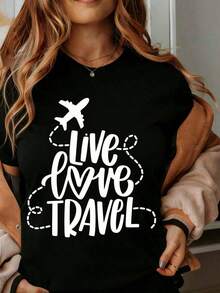 Women's Cotton T-Shirts With A "Live Love Travel" Graphic Design, Ideal For Travel Lovers And Adventure Seekers. Perfect For Everyday Wear, They Make A Great Gift For Travel Enthusiasts. - 黑色 - 查看 1