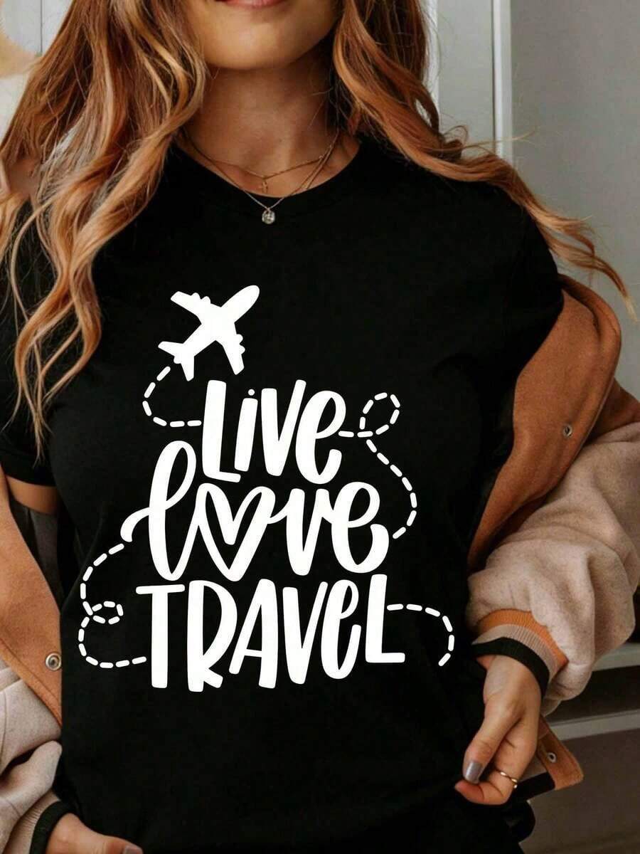 Women's Cotton T-Shirts With A "Live Love Travel" Graphic Design, Ideal For Travel Lovers And Adventure Seekers. Perfect For Everyday Wear, They Make A Great Gift For Travel Enthusiasts. - 黑色 - 查看 1