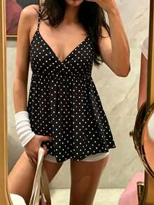 Women's Babydoll Tank Tops Stylish Dot Print Loose Hem V Neck Spaghetti Strap Camisoles - Negro - Ver 3