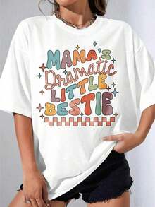 Camiseta Blanca de Niña, Camiseta Blanca Oversize con Estampado de Texto Colorido y Estrellas de "Mama's Dramatic Little Bestie" para Uso Casual, Fiestas al Aire Libre, Camiseta Estampada Casual de Algodón Puro - Blanco - Ver 4