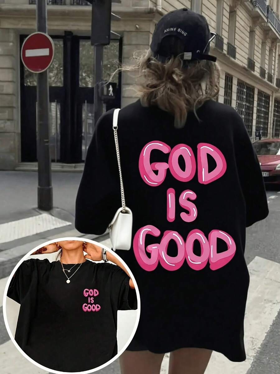 New 2026 Collection: Women's Double-Sided Printed Cotton T-Shirt - Pink Bubble Print With The Phrase "God Is Kind", For Summer And Spring, Women's Clothing, Comfortable And Practical, Short-Sleeved T-Shirt With Round Neck And Loose Fit. - 黑色 - 查看 1