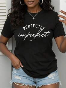 Short Sleeves. Inspirational Phrase Celebrating The Beauty Of Embracing Imperfections And Inner Strength With A Modern Twist. Casual Women's T-Shirt With Motivational Print, Comfortable For Everyday Wear. Leisure - 黑色 - 查看 6