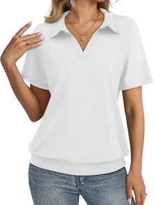 大尺碼女款夏季歐美新款抽繩下擺 Polo 衫，商務休閒 T-shirt 白色 - 白色 - 查看 4
