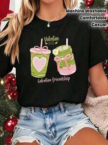 GiftCamia Women's Matcha Latte Print Top - Tea Design, Short Sleeve, Round Neck, Casual Top For Spring, Summer, And Christmas Parties, Iconic Matcha Quotes, Machine Washable, Comfortable Clothing For Fans, Women's Camisoles, Vintage Washed Camisole For Ladies, Valentine's Day Gift, Soft Washed Cotton Camisole With Heart Print, 100% Cotton - 黑色 - 查看 1