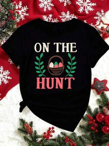 100% Cotton Easter Egg Hunt Graphic T-Shirt, 100% Cotton, Loose Fit, Comfortable, Urban Hip-Hop Style, Artistic Print. Women's Simple Solid Color T-Shirt, Loose And Slim Fit Casual Short Sleeve - 黑色 - 查看 3