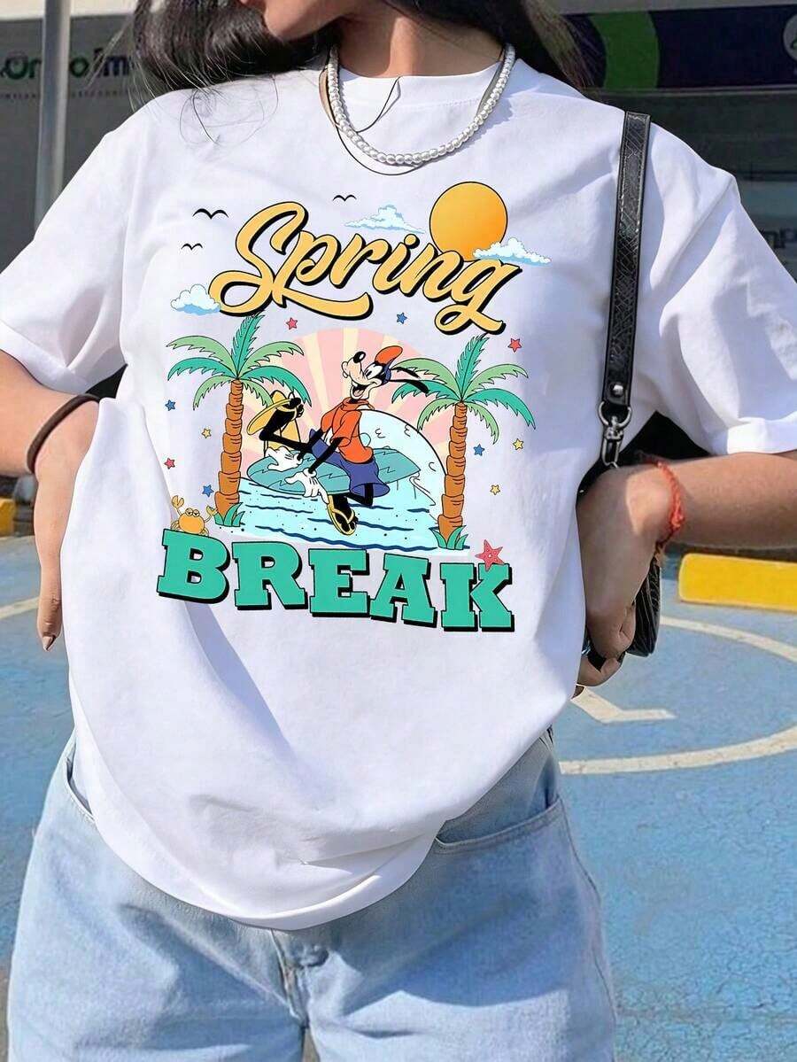 Officially Licensed, Women's Casual Cotton T-Shirt With Round Neck And Short Sleeves, Featuring A Spring Holiday Graphic Print, Regular Fit, Breathable And Lightweight, Suitable For Sports And Casual Wear, Ideal For Gifts, Suitable For Parties. - 白色 - 查看 1