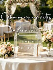 1pc Personalized Acrylic Wedding Card Holder, Equipped With A Customizable Name Storage Area. This Wooden Wedding Card Holder Will Be A Beautiful Decorative Item In Your Wedding Decoration. It Can Perfectly Match Your Rural, Classical Or Bohemian Wedding Style. - Beige - View 1