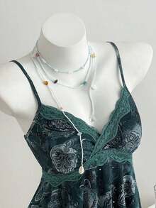 Top de mujer con estampado de leopardo y dobladillo asimétrico con encaje - Verde - Ver 3