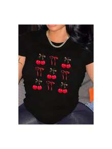YOCASA Women's Casual Summer T-Shirt, Round Neck, Fitted, Short Sleeve, With Oil Painting Print, Floral, Heart, Cherry, And Letter Patterns. Simple Casual Fabric, Sporty Style, Ideal For Everyday Wear And Valentine's Day Dates. 1 Piece, 180g Pure Heavy, 95% Polyester 5% Spandex. - 黑色 - 查看 1