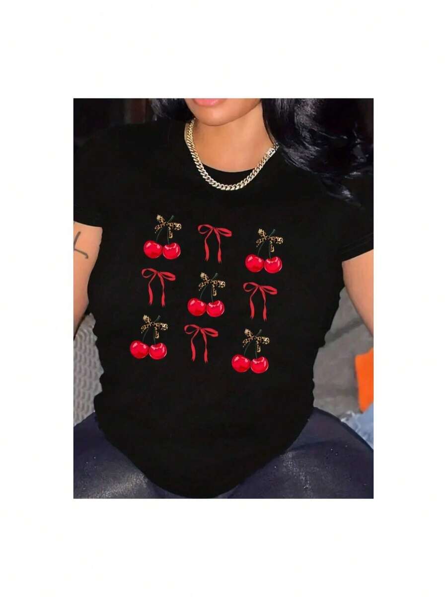 YOCASA Women's Casual Summer T-Shirt, Round Neck, Fitted, Short Sleeve, With Oil Painting Print, Floral, Heart, Cherry, And Letter Patterns. Simple Casual Fabric, Sporty Style, Ideal For Everyday Wear And Valentine's Day Dates. 1 Piece, 180g Pure Heavy, 95% Polyester 5% Spandex. - 黑色 - 查看 1