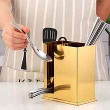 Soporte para utensilios de restaurante chino de acero inoxidable, 2 compartimentos de malla, estante de secado para utensilios de cocina, palillos, cuchara, tenedor, cuchillo - Dorado - Ver 3