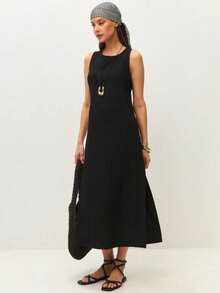 Sleeveless Dress With Round Neck And Zipper, Elegant Summer Style 2026 For Women - 黑色 - 查看 1