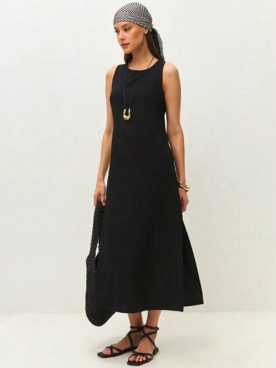 Sleeveless Dress With Round Neck And Zipper, Elegant Summer Style 2026 For Women - 黑色 - 查看 1