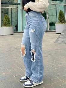 Jeans rectos de mujer con botones y bolsillos, versátiles para uso diario - Lavado ligero 3 - Ver 4