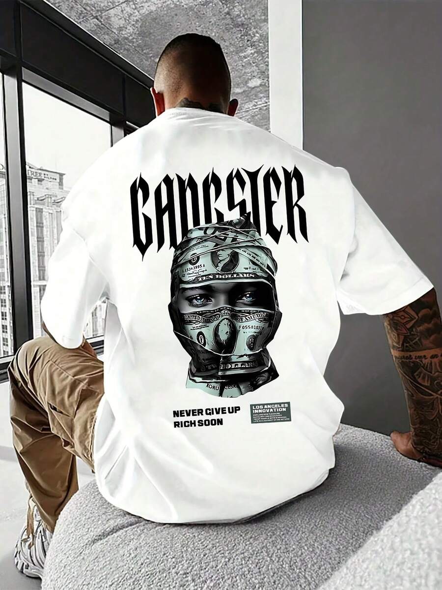 Men's Casual T-Shirt - Comfortable Fit Crew Neck T-Shirt With A Gangster-Style Money Mask Print, Lightweight And Breathable For Summer, Machine Washable, Urban Fashion. | Casual Wear | Lightweight Fabric, Casual T-Shirt, Men's Everyday Wear, Comfortable And Versatile Short-Sleeved T-Shirt For Men. - 白色 - 查看 1