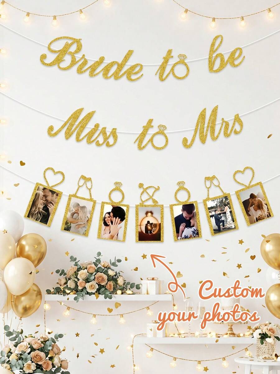 7pcs Personalized Wedding Photo Banner,Customizable Shiny Bridal Shower Photo Banner,Personalized Miss To Mrs Glitter Photo Garland For Bridal Shower,Glitter Photo Banner For Bachelorette & Engagement - Multicolor - View 1