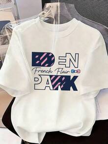 T-Shirt With "DEN PARK" And "French Flair" Text,  Short-Sleeved T-Shirt For Spring And Summer 2026, Made In Mexico, 180 Grams. Cartoon Print, Couple Design, Suitable For Indoor Or Outdoor Wear. Crew Neck, Unisex, Ideal For The Office And Leisure. One-Pack. - WH-P631577SLNDXZGY604 - 查看 2