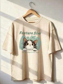 Cute Cat T-Shirt With "Feature Film" Text, Fashionable Short-Sleeved T-Shirt For Spring And Summer 2026, Made In Mexico, 180 Grams. Cartoon Print, Couple Design, Suitable For Indoor Or Outdoor Wear. Crew Neck, Unisex, Ideal For Office And Leisure. One-Pack. - APR-P631577SLNDXZGY609 - 查看 1