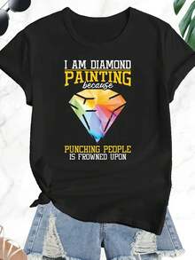| Exquisite Design | Loose And Comfortable | Easy To Match | 1 Piece Of Women's Winter Clothing, Casual Diamond Painting Print For Daily Wear, Round Neck, Short Sleeve, Casual Fashion Top, Elegant Party Wear, Christmas Outfit, Christmas Gift, Autumn Clothing, Soft Material, Printed Shirt. - 黑色 - 查看 7