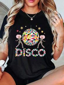 1 Piece Women's Retro T-Shirt 70s And 80s Disco Style With DISCO Graphic And Disco Ball Print, Short Sleeve, Round Neck, Relaxed Fit, Machine Washable, Vintage Party Outfit, Suitable For 70s And 80s Themed Costume, Nostalgic Clothing For Dance Party, Soft. - 黑色 - 查看 7