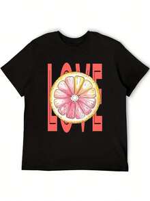 | Exquisite Design | Loose And Comfortable | Easy To Match | Women's Loose White T-Shirt With Pink Lemon Print And The Word LOVE - 200g Weight Casual Short Sleeve T-Shirt, Lemon And Strawberry Slice Design, Loose Fit Suitable For Summer Beachwear, Picnic Sets, Casual Wear (Pink Lemon Heart Pattern). - 黑色 - 查看 3