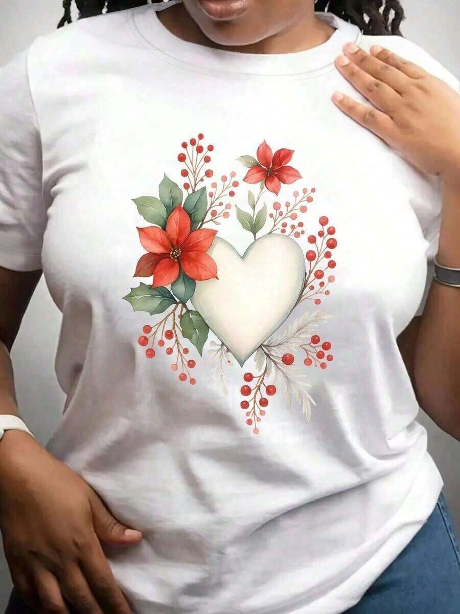 NewSummerCasual Blouses For Women: Women's Short Sleeve T-Shirt With Floral And Heart Print - Casual Crew Neck Blouse, Soft And Breathable, Ideal For Daily Wear, Loungewear And Spring-Summer Outfits - Machine Washable And Comfortable - Suitable For Spring, Summer And Autumn - Vintage Street Style Unisex Loose Cotton Short Sleeve Crew Neck T-Shirt - 白色的 - 查看 1
