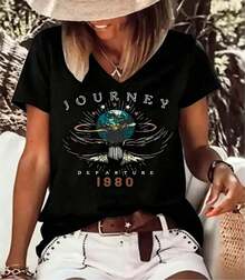 Women's Vintage T-Shirt With 1980s "Journey Departure" Print, Casual Style, Short Sleeve, New Summer And Autumn Collection, Comfortable, Round Neck, Unisex, Suitable For Casual Daily Outings, Short Sleeve Summer Top, Retro T-Shirt With Y2K Print. - 黑色 1 - 查看 4