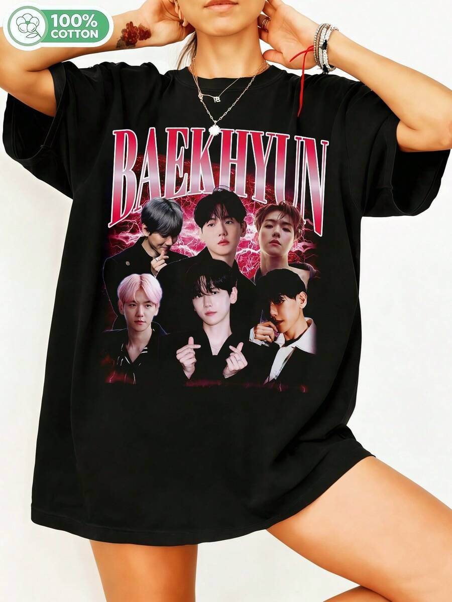 Baekhyunn EXO Idol Vintage Bootleg Graphic 100% Cotton Oversized T-Shirt Y2K Streetwear Unisex T-Shirt For Men And Women - Fans Casual Fashion Top. - Black - View 1