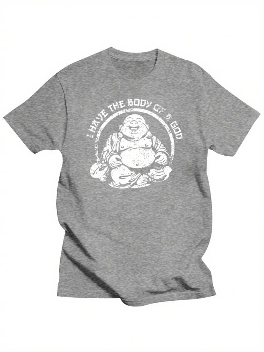 Men's Plus Size Buddha Funny T-Shirt "I Have The Body Of A God" - Plus Size Pride Graphic Tee, Black With White Lettering, Soft And Breathable Cotton, Regular Fit For Summer And Casual Wear, Humorous Clothing, PLUS SIZE - 灰色 - 查看 1