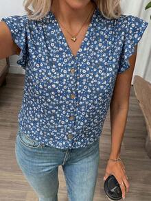 Clasi Blusa de mujer de verano con cuello en V y mangas cortas con estampado floral - Azul - Ver 5