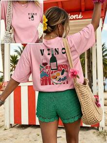 Women's Casual Graphic Short Sleeve T-Shirt, Streetwear Style, Cute Summer Top, ChristmasPrinted Round Neck Short Sleeve Women's Tee - Daily Casual, S - 粉色 - 查看 5