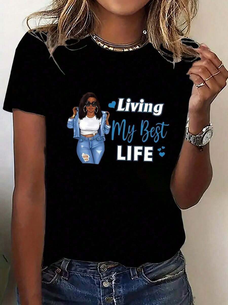1 pieza de camiseta deportiva de manga corta para mujer a la moda | Diseño estampado, lavable a máquina, cuello redondo cómodo, elasticidad media, adecuado para todas las estaciones, opciones multicolor, ideal para reuniones familiares, regalos para festivales y uso diario. 180g 100% algodón. - Negro - Ver 1